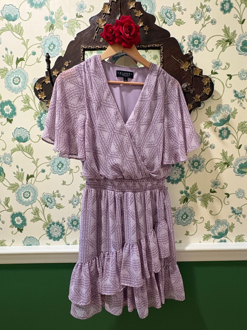 Laundry by Shelli Segal Lavender Boho Flutter Sleeve Smocked Mini Dress 6